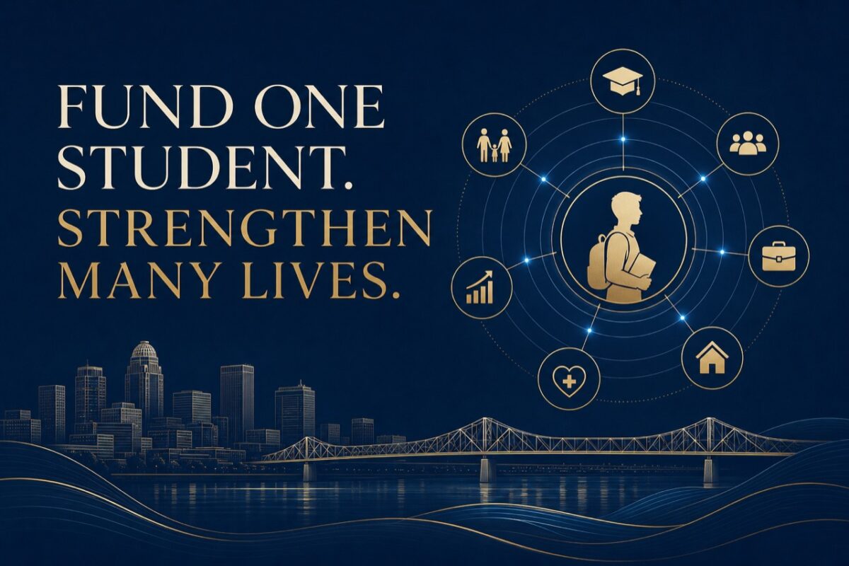 Scholarship impact visual showing one student’s support strengthening family and community opportunity.