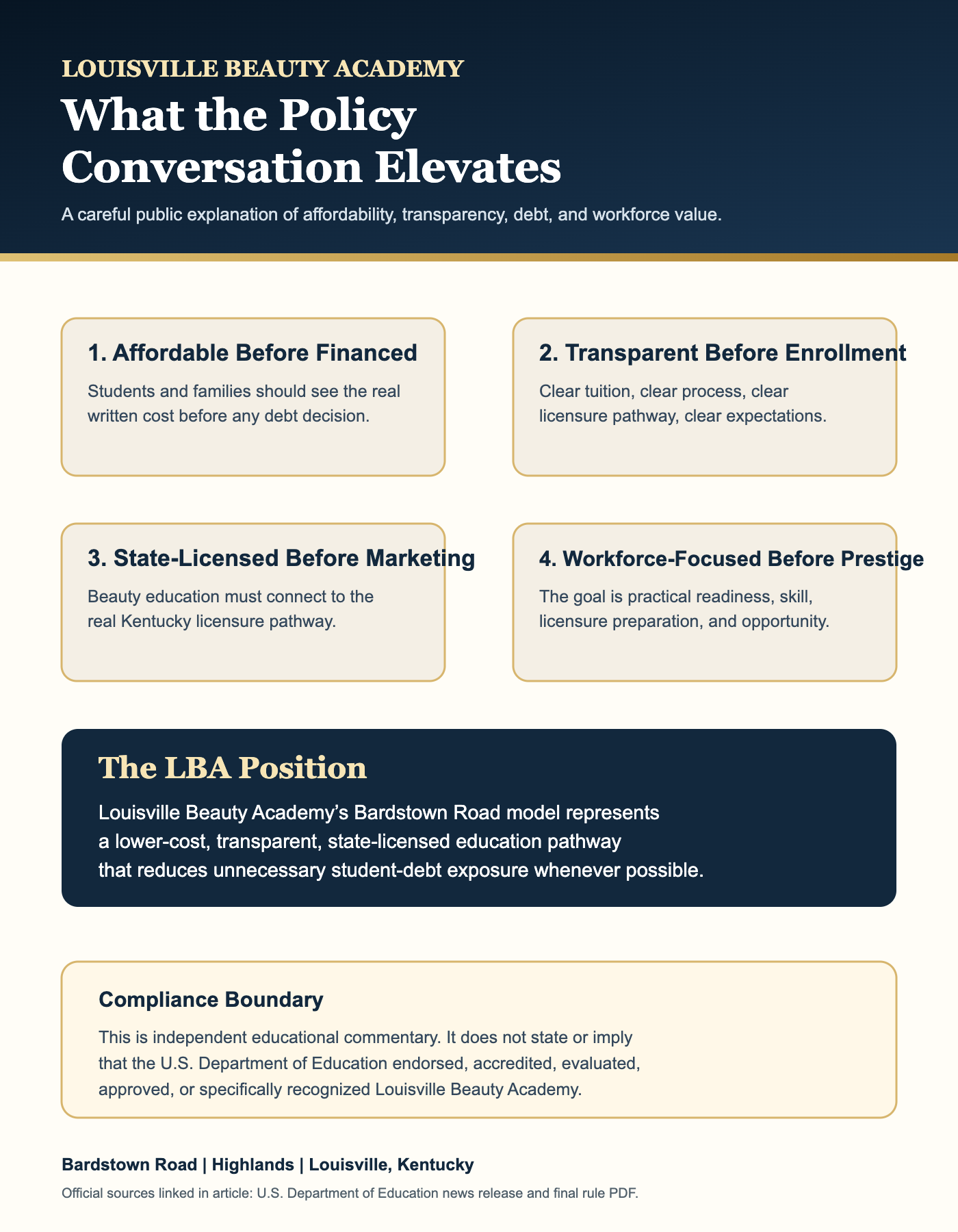 Infographic explaining cost honesty, transparency, licensure preparation, workforce alignment, and responsible student-debt exposure.