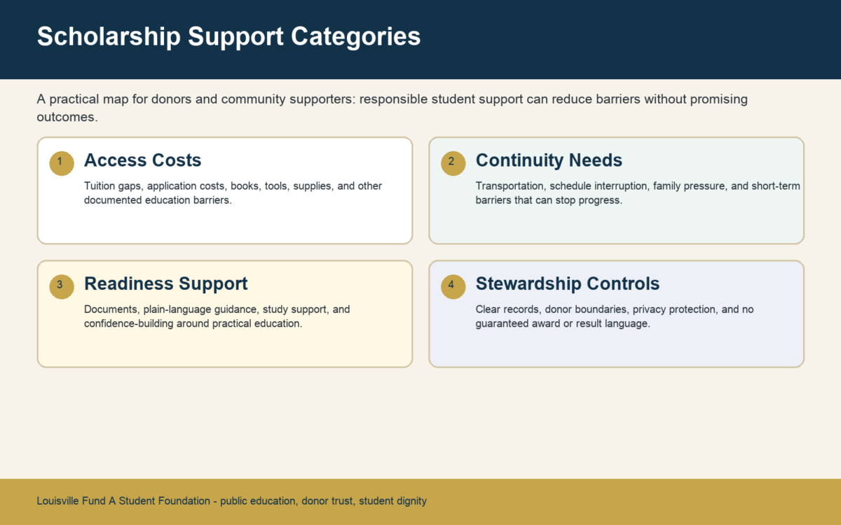 Infographic explaining LFAS scholarship support categories: access costs, continuity needs, readiness support, and stewardship controls.