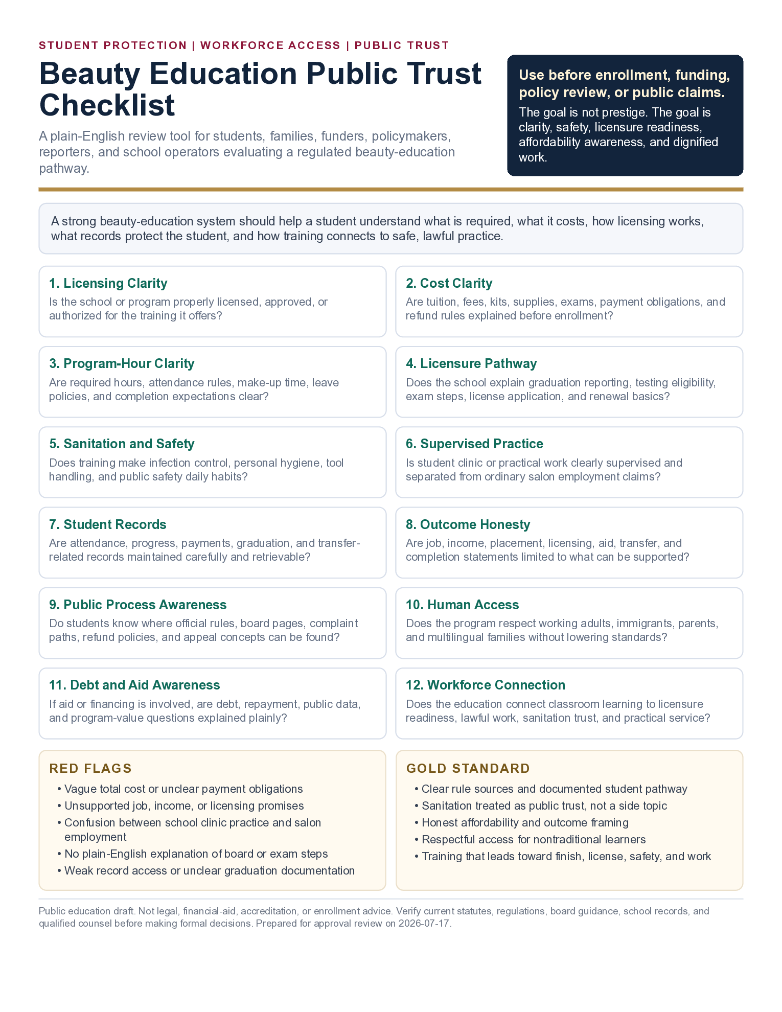Beauty Education Public Trust Checklist showing practical questions for students and families.